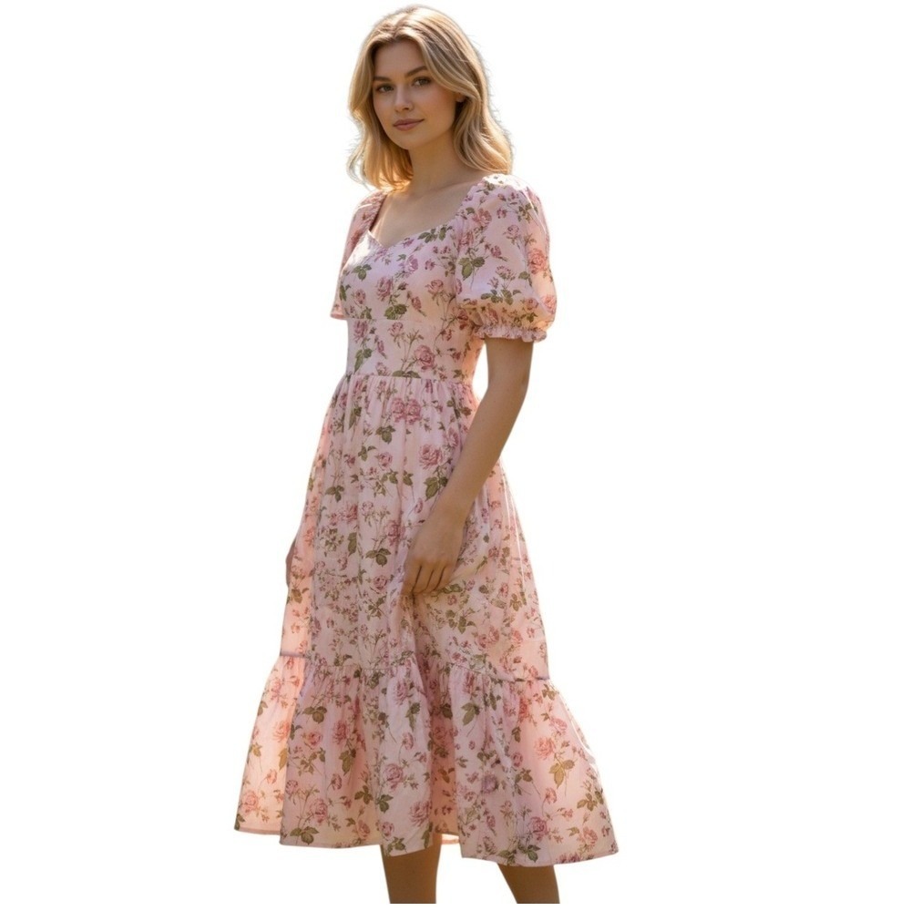 TCEC Babydoll Milkmaid Romantic Womens size Medium Rosette Fairycore Maxi Dress